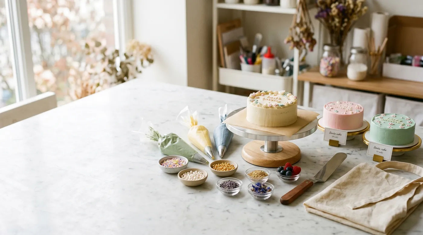 Table d'atelier prête pour décorer les bento cakes